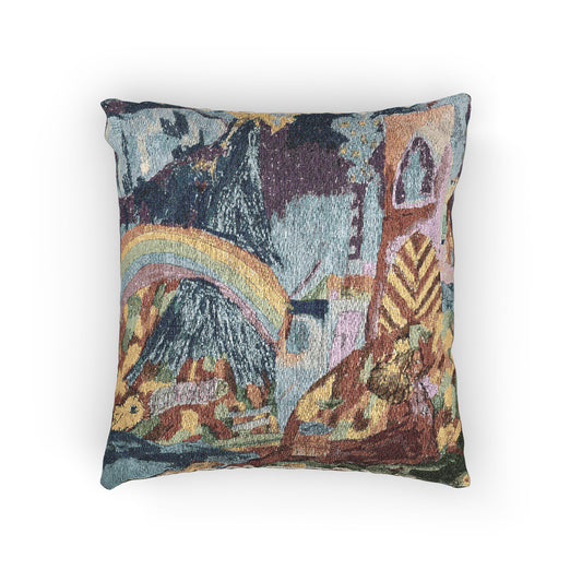 Woven Pillow — Boho Rainbow Cityscape Decorative Cushion