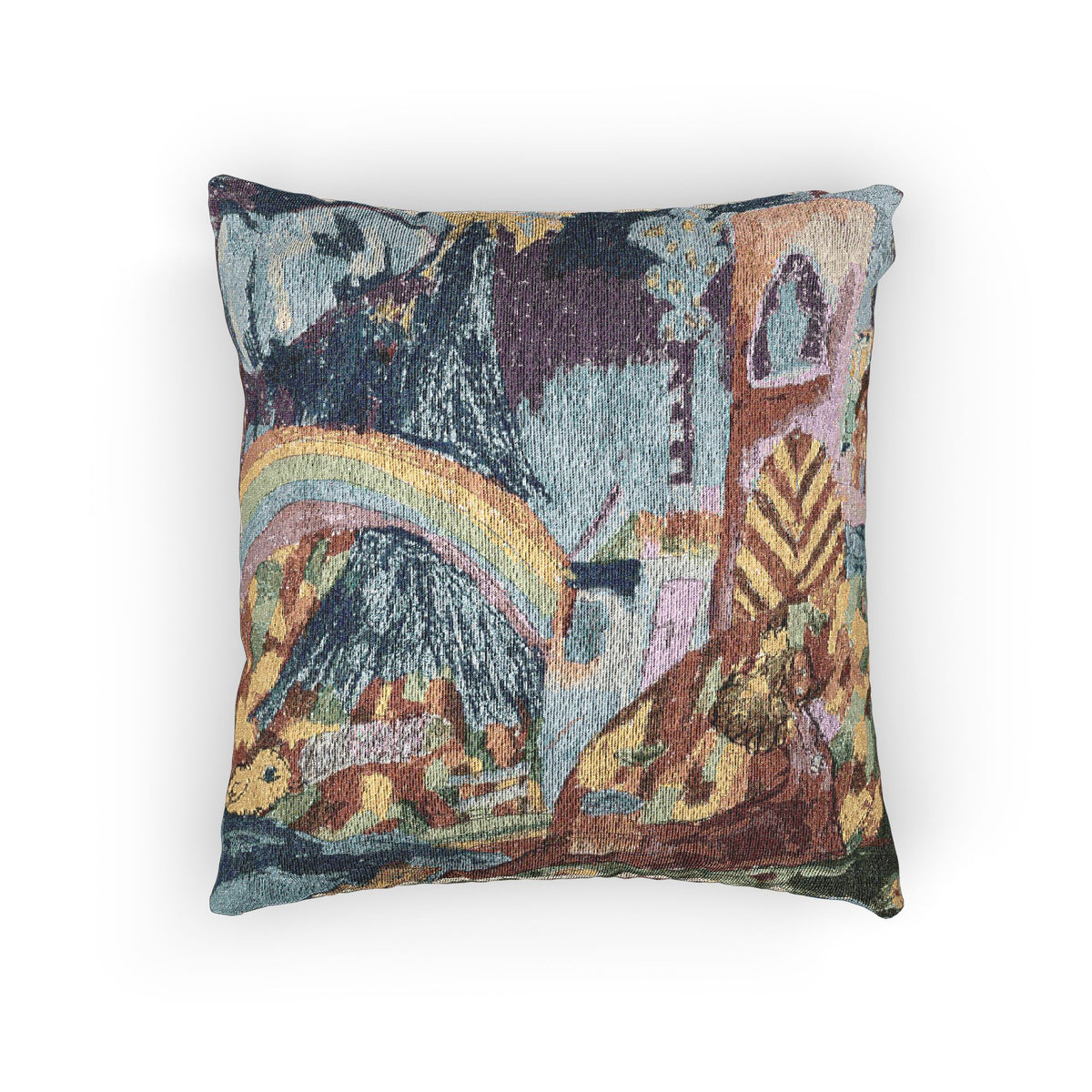 Woven Pillow — Boho Rainbow Cityscape Decorative Cushion