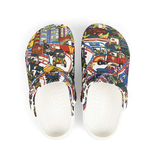 Kids Foam Clogs — Colorful Cartoon Vehicles All-Over Print